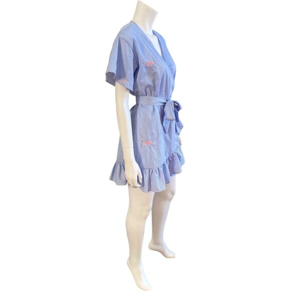 ROMEO & JULIET COUTURE Blue & White Striped Wrap Dress With Flamingos, Small - Picture 9 of 12